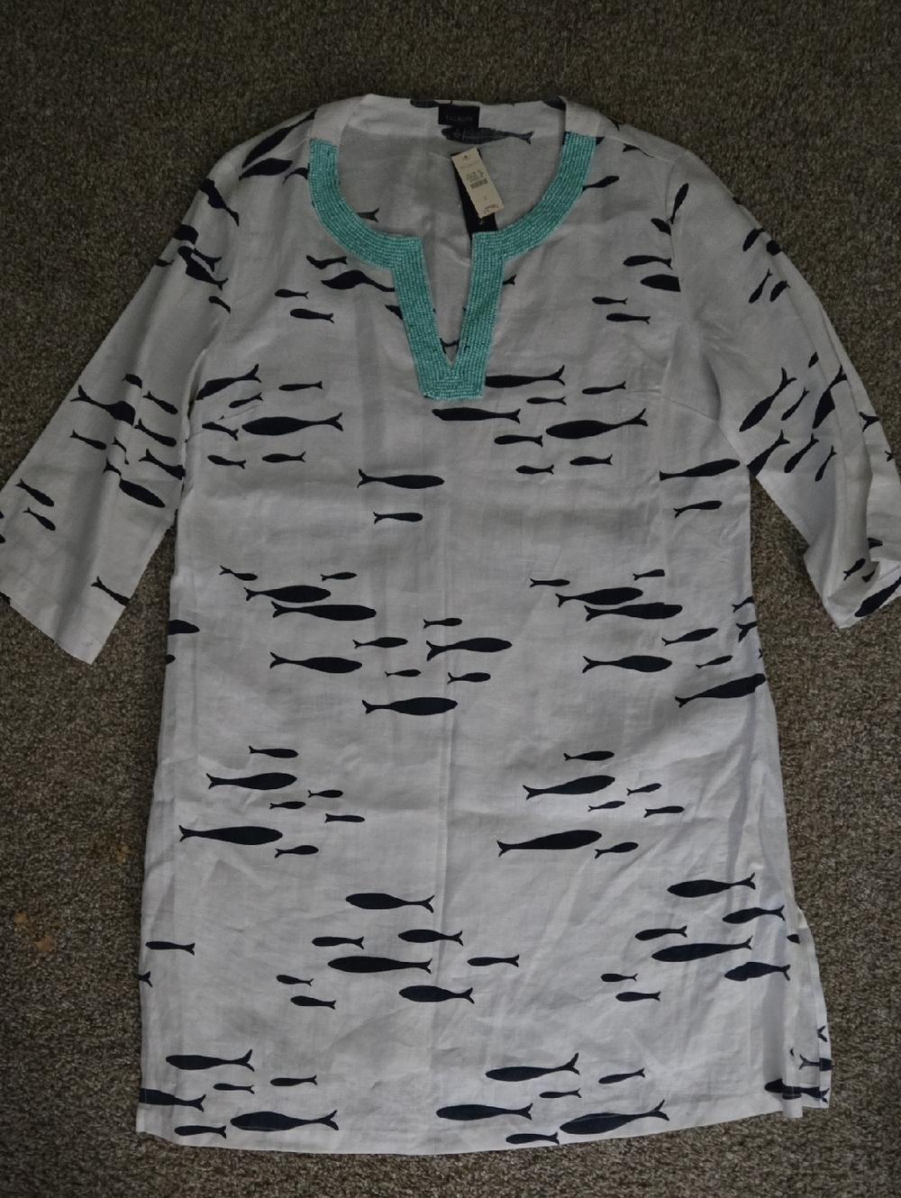 Talbots White Fish-Print Tunic with Turquoise Beaded Neckline